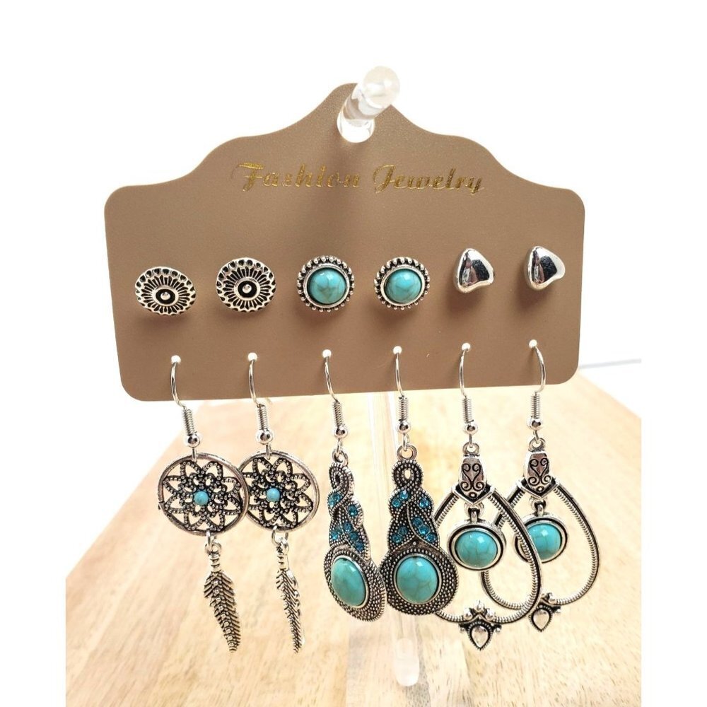 Emory Rose Turquoise & Feather Silver Decor Earrings 6 Pairs